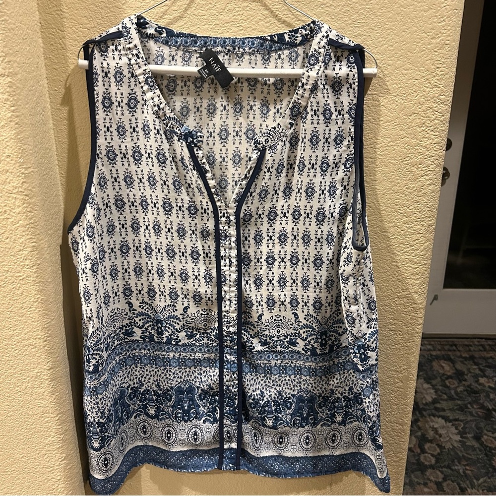 NAIF Navy and White Sleeveless Blouse